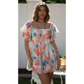 Swingy Rainbow Tie Dye Puffärmel gesmoktes Mini-Sommerkleid - Mehrfarbig